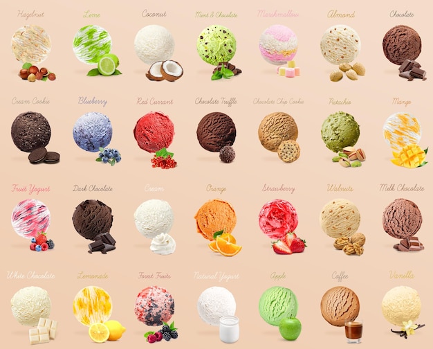 Set of ice creams with different flavors ice cream menu with scoops hazelnut lime coconut mint