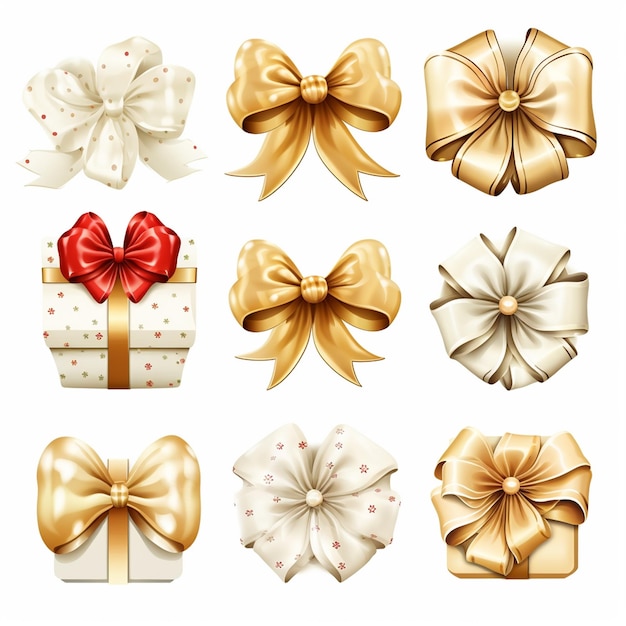 Photo set of icons beautiful new year bows on boxes of different shapes