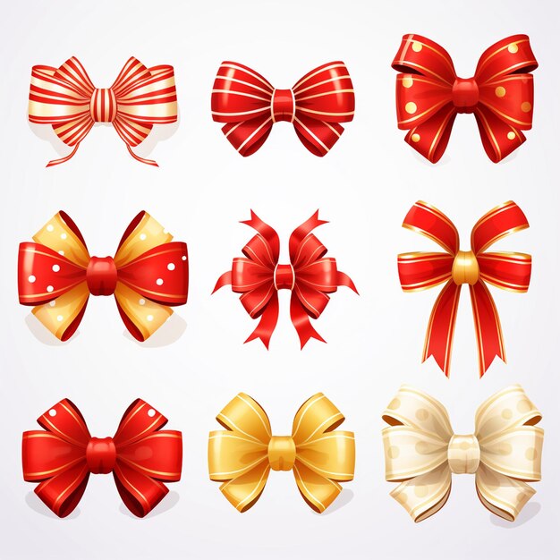 Photo set of icons beautiful new year bows on boxes of different shapes