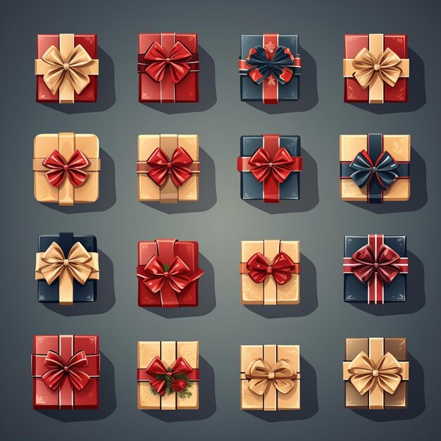 Photo set of icons beautiful new year bows on boxes of different shapes