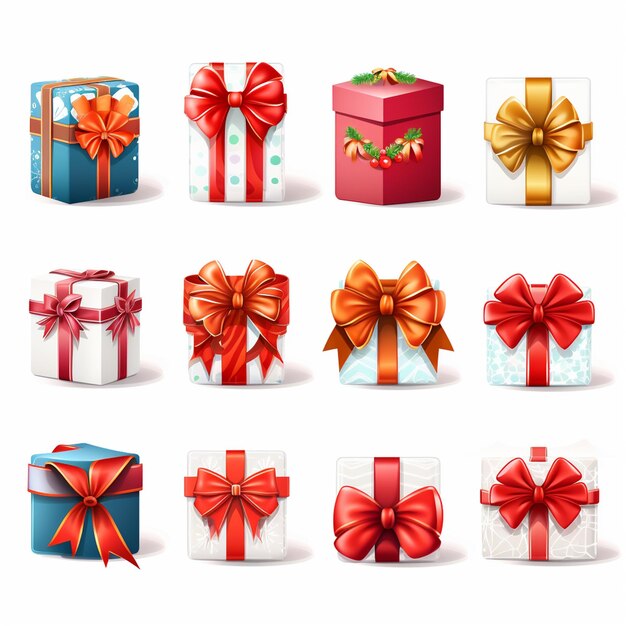 Photo set of icons beautiful new year bows on boxes of different shapes