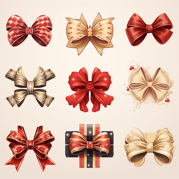 Photo set of icons beautiful new year bows on boxes of different shapes