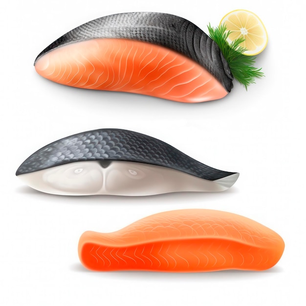 Set of icons of delicious white and red fish fillets