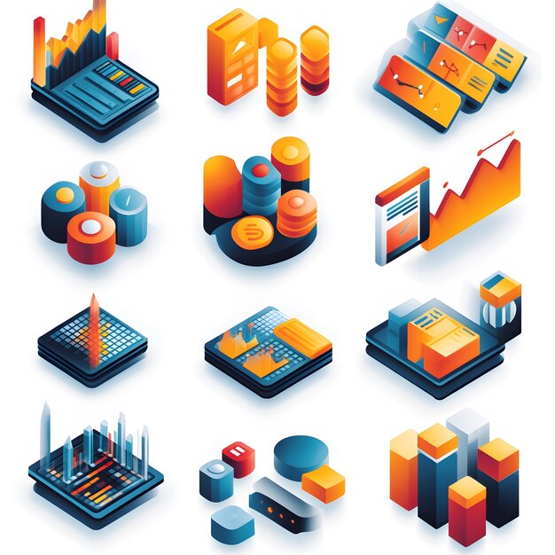 set of icons illustrating data concepts with visuals of database structures data tables and analytics graphs includes images of data visualization information flow and statistical analysis for