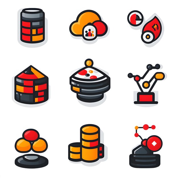 데이터 구조, 데이터 테이블 및 분석 그래프의 시각과 함께 데이터 개념을 설명하는 아이콘 세트 데이터 시각화 정보 흐름 및 통계 분석의 이미지를 포함합니다.