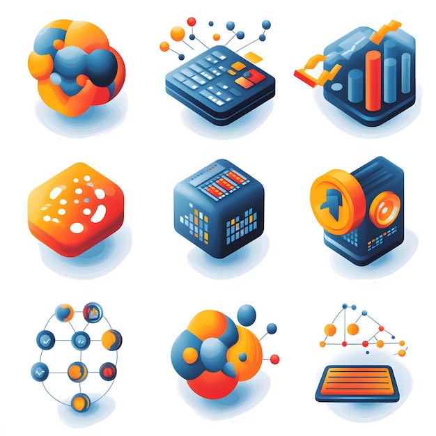 데이터 구조, 데이터 테이블 및 분석 그래프의 시각과 함께 데이터 개념을 설명하는 아이콘 세트 데이터 시각화 정보 흐름 및 통계 분석의 이미지를 포함합니다.