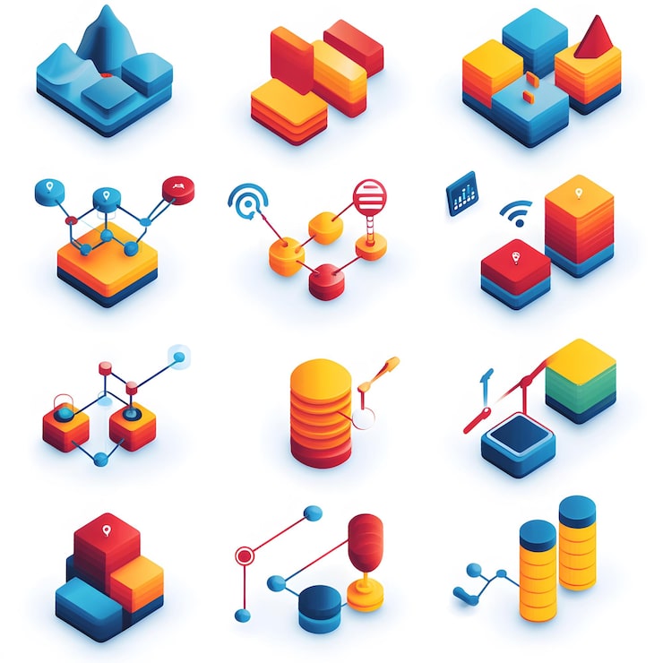 Photo set of icons illustrating various diagrams with visuals of flow processes network structures and hierarchical charts includes images of decisionmaking paths data pathways and structured