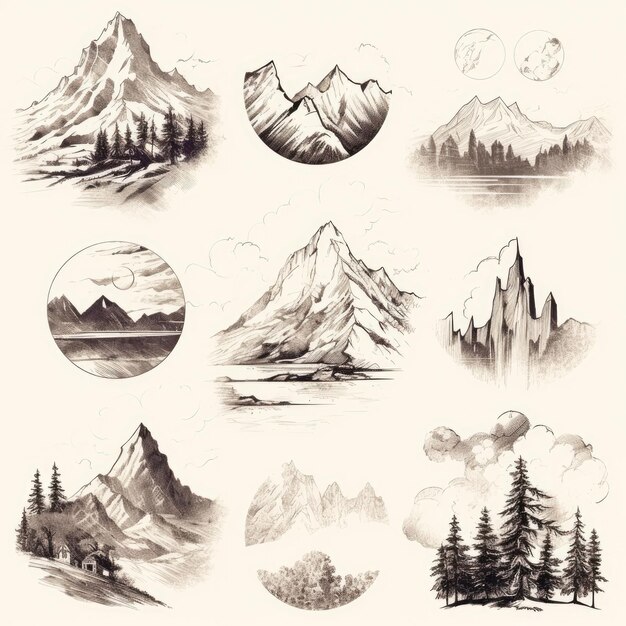 Photo set of icons of mountains