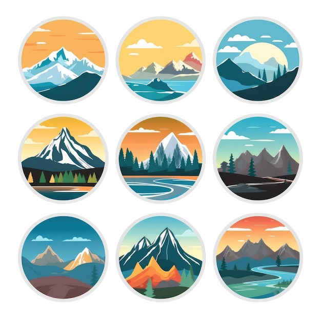 Photo set of icons of mountains