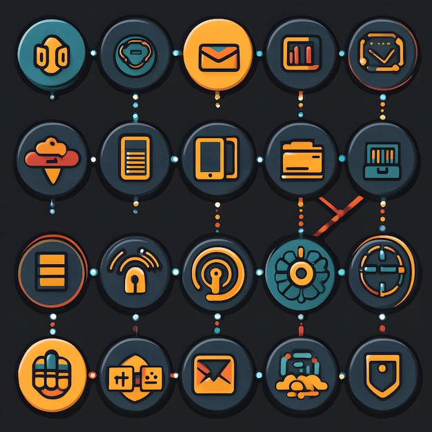 Набор икон, демонстрирующих сетевые структуры с визуальными изображениями сетевых узлов, путей передачи данных и узлов подключения, включает в себя символы обмена данными сетевой безопасности и интеграции систем