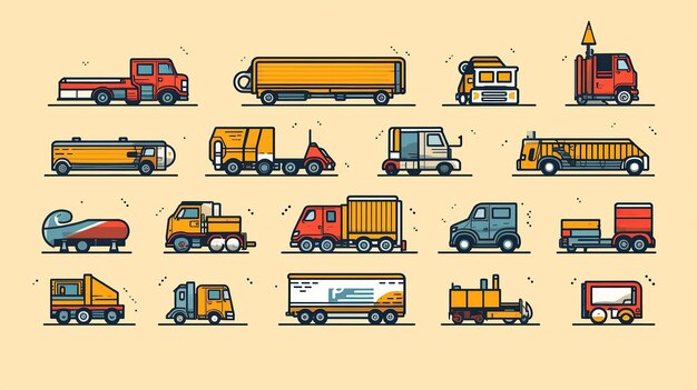 A set of icons showing moving delivery and other types of truck in the style of high contrast shots bold lettering Generative AI