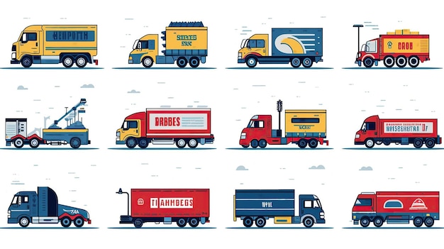 A set of icons showing moving delivery and other types of truck in the style of high contrast shots bold lettering Generative AI