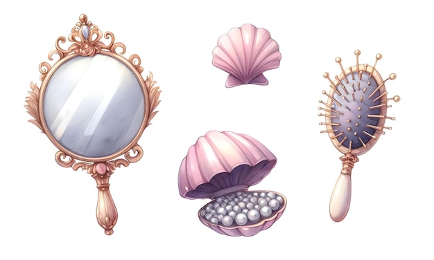 Set illustraties van schelpen en maritieme elementen zeemeermin
