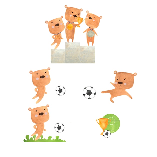 Foto illustrazione di set di giocatori di calcio di orso cuccioli con una palla da calcio atleti animali disegnati in acquerello