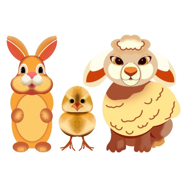 a set of illustrations of a cute lamb chicken and rabbit handdrawn on a white background