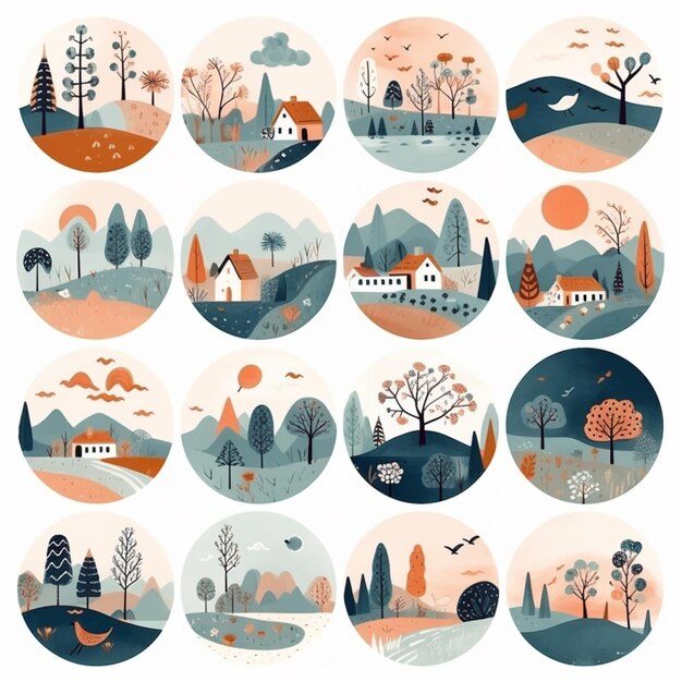 A set of illustrations of different landscapes and trees generative ai