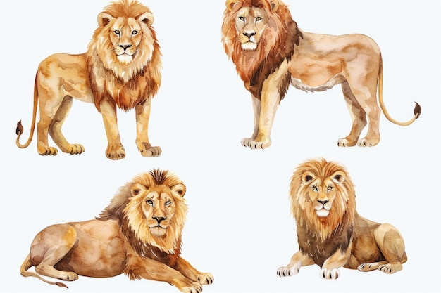 Photo a set of illustrations of lions with a white background