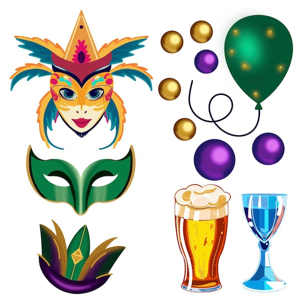 a set of illustrations of Mardi gras for a celebration on a white background drawn by hand