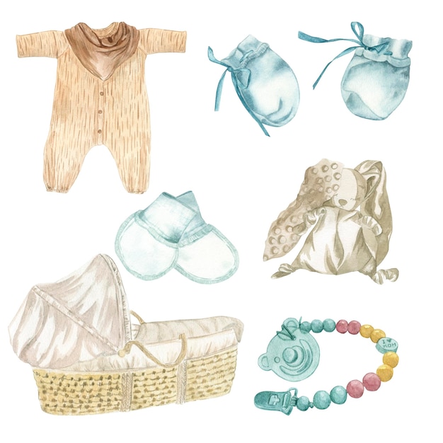 Foto una serie di illustrazioni di oggetti per un neonato una culla di vimini un capezzolo con perline un body marrone