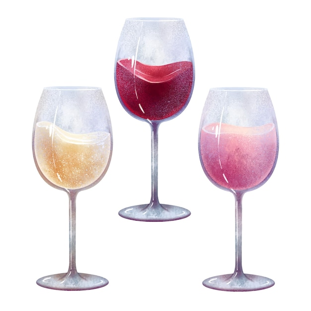 A set of illustrations of three glasses of wine white wine red wine rose wine alcohol