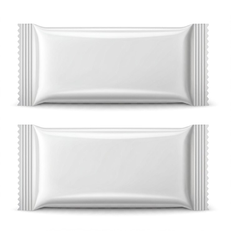 Photo チョコレートの白い光沢のあるプラスチック包装のイラストセット