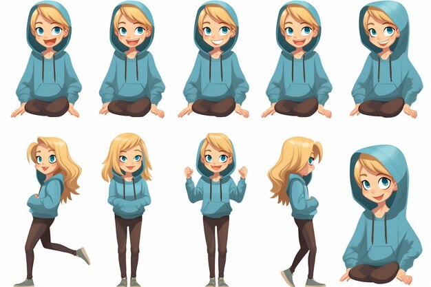 a set of images of a girl in a hoodie with different expressions.