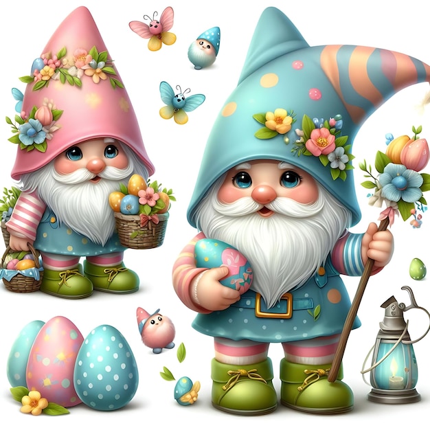 Photo a set of images of a gnome with a hat and a flower on it