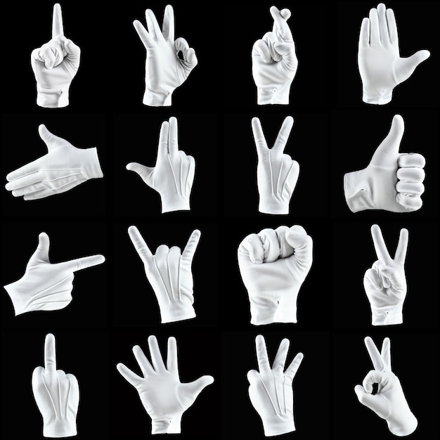 Photo a set of images human hand in a white glove isolated on a black wall, shows different figures, gestures with fingers.