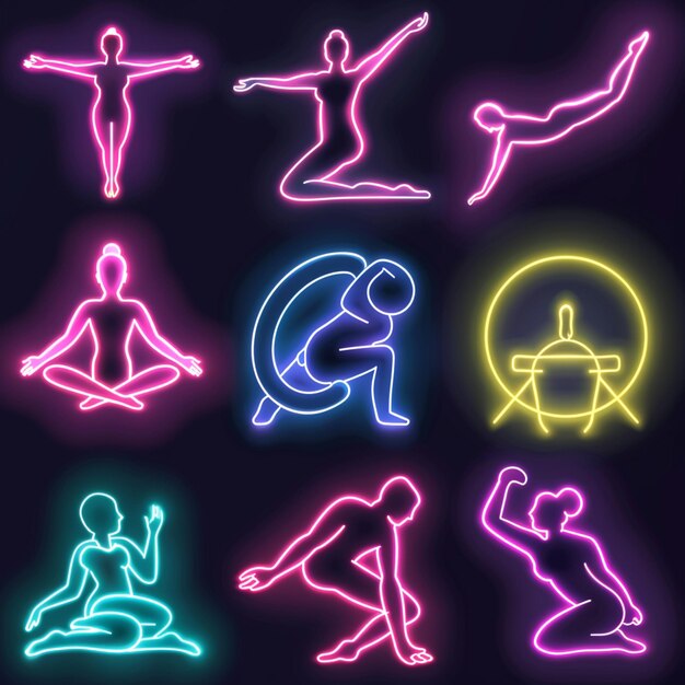 a set of images of people with neon lights and a figure in a circle