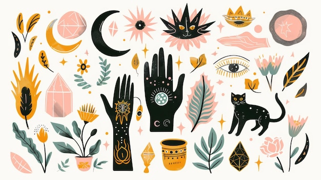 Photo the set includes hands a moon crystals and quartz florals and plants cats and eyes modern illustration