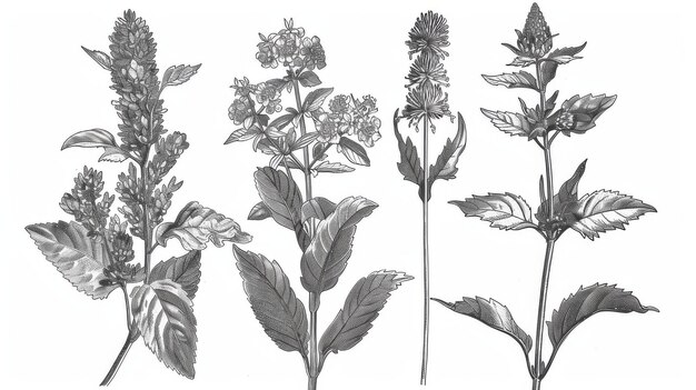 Photo the set includes herbs and wild flowers in a style of engraving this is a black and white illustration in the style of an engraving