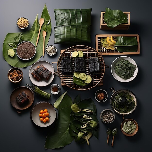 Photo a set of indonesian warung charcoal grill banana leaf plates woven ba background decor ideas art