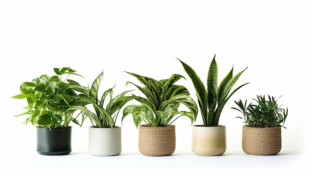 Set of indoor plants in vases on white background