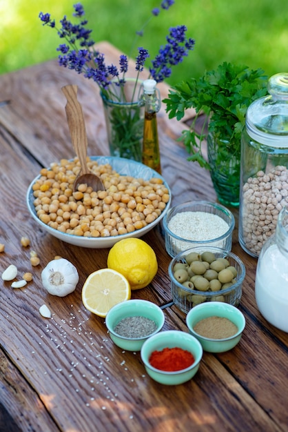 Set of ingredients for hummus on the table
