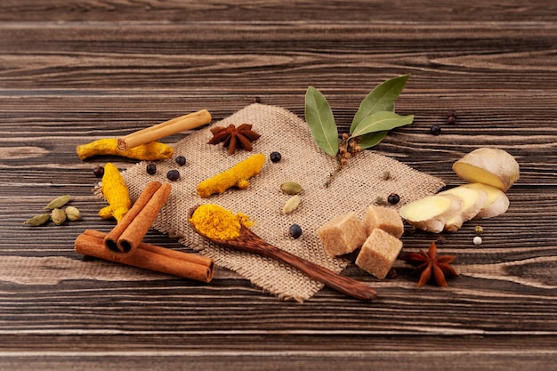 Set of ingredients for popular Indian drinks Karak chai Masala tea Adrak