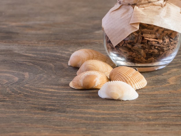 Set ingredients and spice for aromatherapy and body care on wooden surface. SPA still life