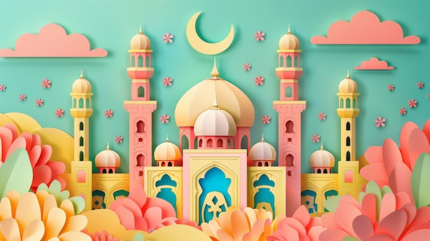 아라베스크 모양의 모스크와 반달이 있는 이슬람 휴일 템플릿 세트