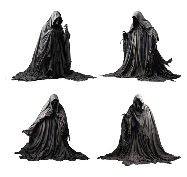 Set of isolated figures of death in the dark gray hooded cloak with hooked fingers huge nails skull