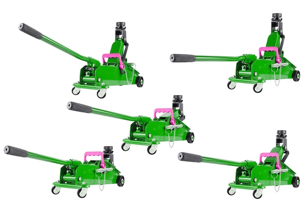 Set of isolated green hydraulic car jacks on white background raised in different heights