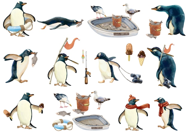 Set of isolated illustrations on a white background with funny penguins seagulls fish