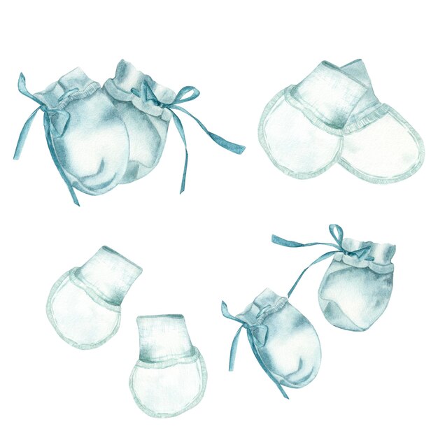 A set of isolated watercolor illustrations of blue and white mittens and booties with blue ribbons