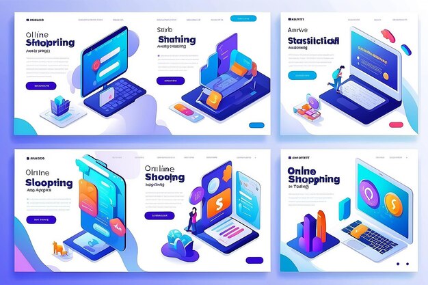 Set isometric landing pages on the topics of online shopping statistical analysis digital marketing