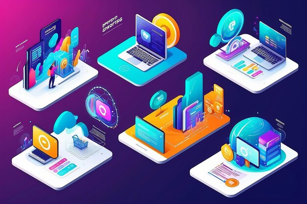 Set isometric landing pages on the topics of online shopping statistical analysis digital marketing