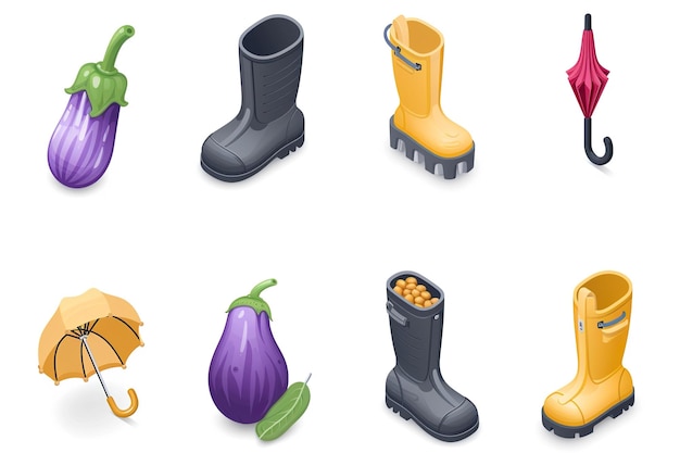 Photo set isometric waterproof rubber boot eggplant and umbrella icon vector no text ar 32 iw 2 v 6 job id f11077d841304318a206d5d81ec66cec