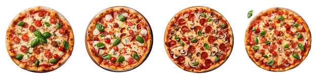 Photo set of italian pizza with mozzarella cheese and basil leaves