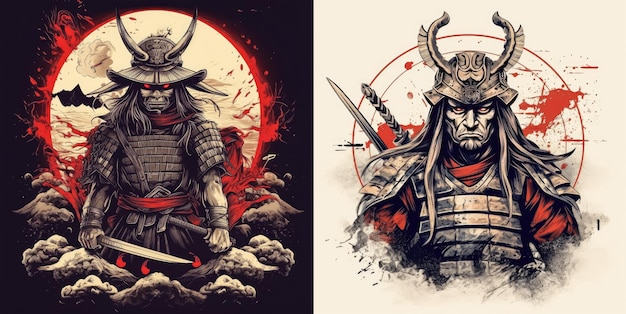 Set of Japan Samurai printing design for tshirt