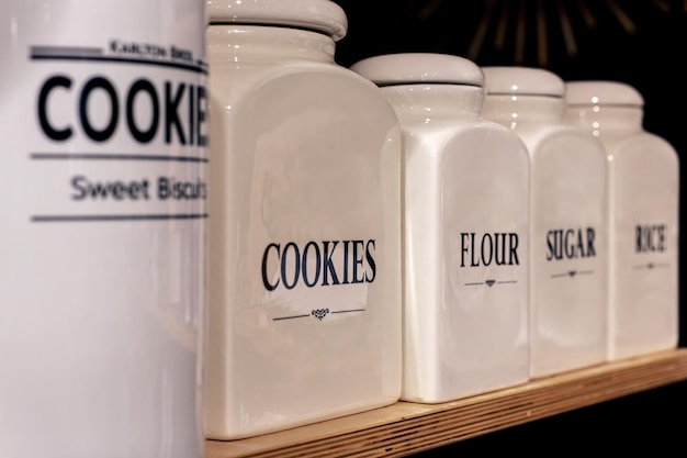A set of jars for food storage in the kitchen
