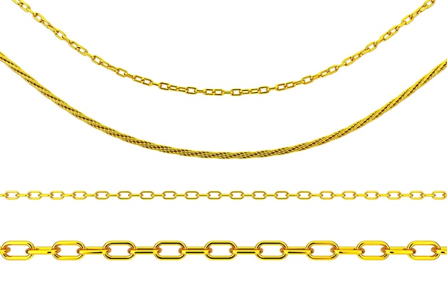 Photo set of jewelry golden chains in different shapes on a white background. 3d rendering