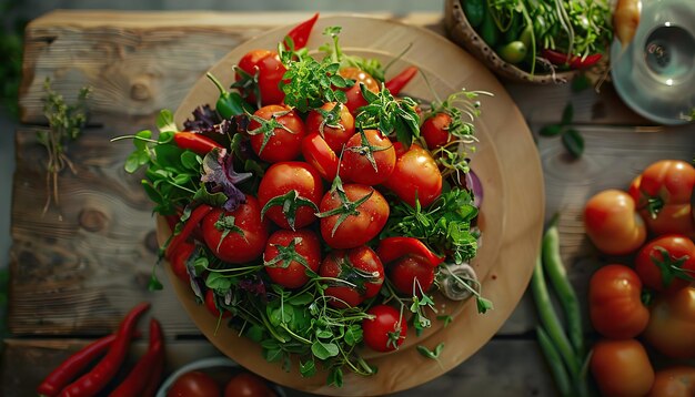 a set of juicy vegetables lying on the table commercial photo with space for text top view