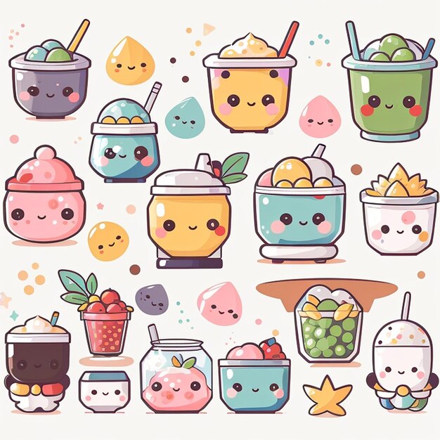 Photo a set of kawaii boba designs generative ai